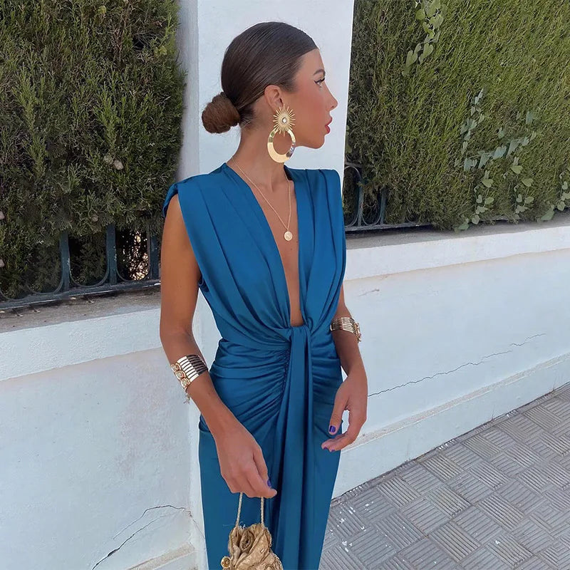 Women's Evening Gown - Deep V-Neck - Sleeveless - Waist Knot - Front Slit Elegant Dress