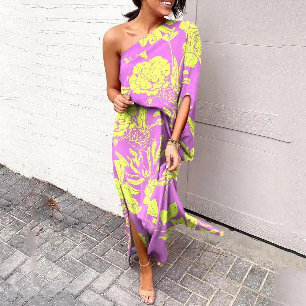 Women's One-Shoulder Maxi Dress - Floral Print - Elegant Flowing Silhouette