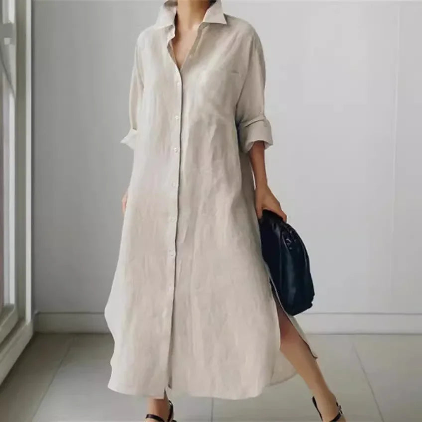 Women's Shirt Dress - Button Down - Long Sleeve - Relaxed Fit - Side Slits