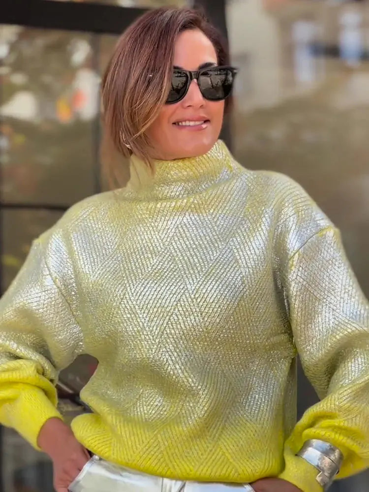 Shiny gradient turtleneck sweater with plaid pattern for women