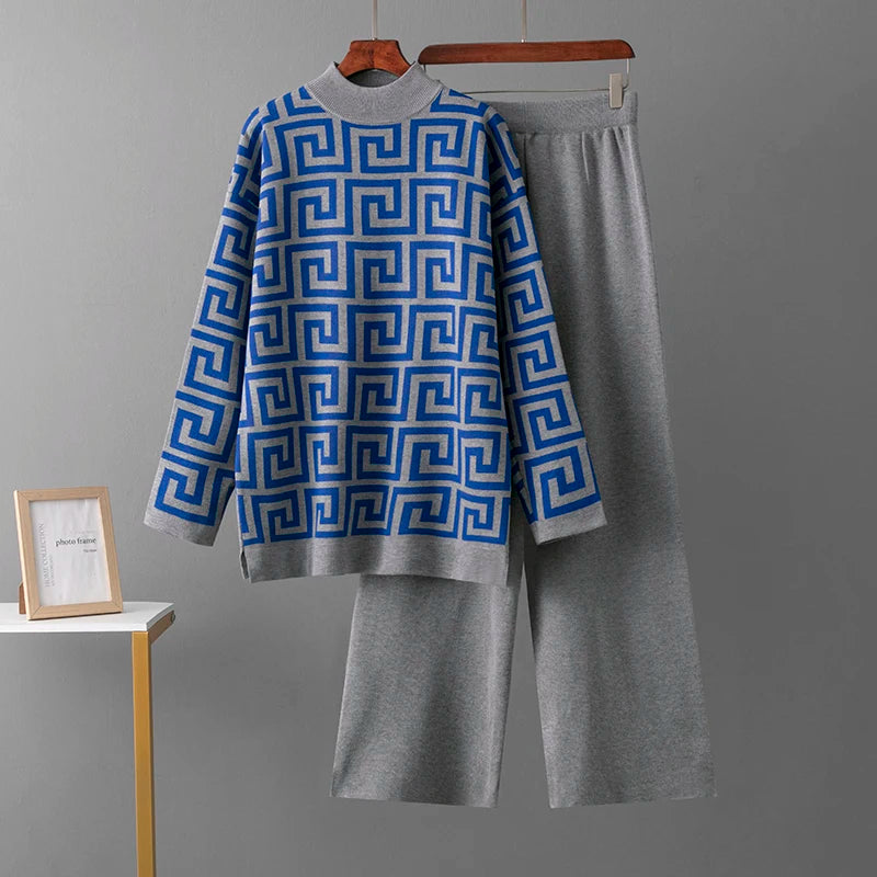 Women's spring/autumn o-neck jacquard sweater and elegant casual loose pants 2 pieces - set