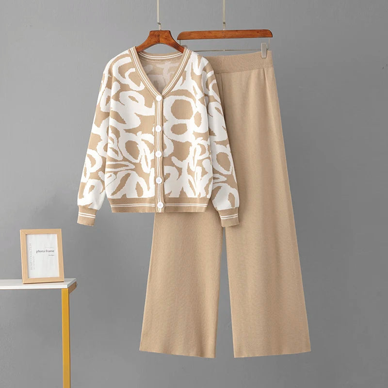 Women's spring/autumn leopard print knitted cardigan wide-leg pants two-piece set