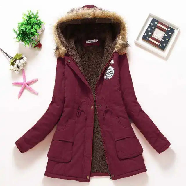 Warm lined winter jacket adjustable waist with hood for women