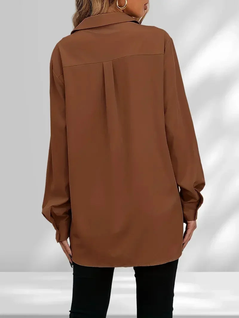 Solid brown button-up long sleeve shirt for women
