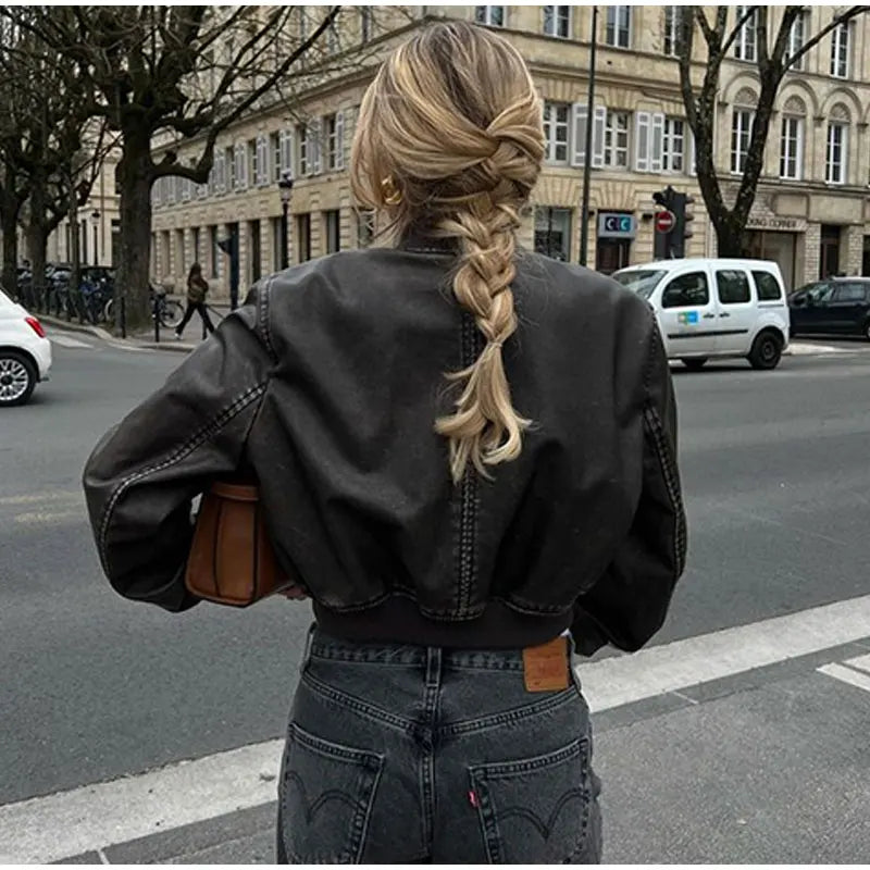 Women’s Bomber Jacket - Cropped Fit - Faux Leather - Zip Front - Ribbed Collar & Cuffs
