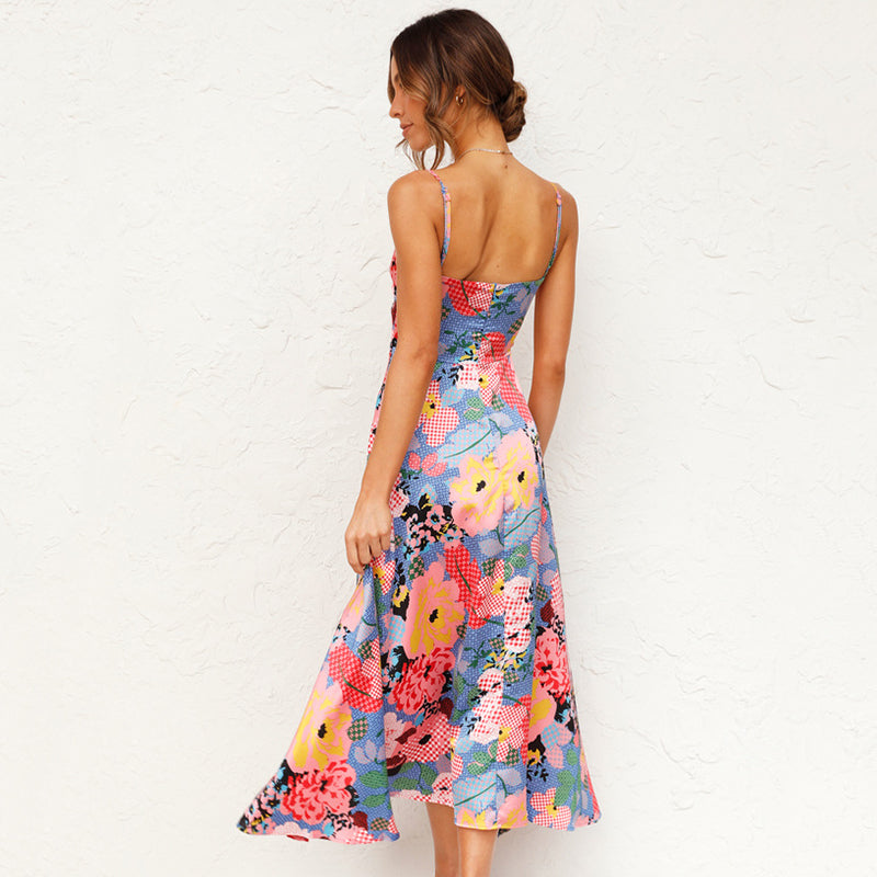 Women's Floral Maxi Dress - Spaghetti Straps - V-Neck Tie Front - Cut-Out High Slit