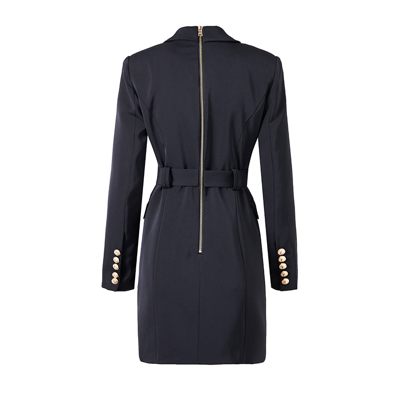 Women's Blazer Dress - Double Breasted - Tailored Fit - Waist Belt - Long Sleeve
