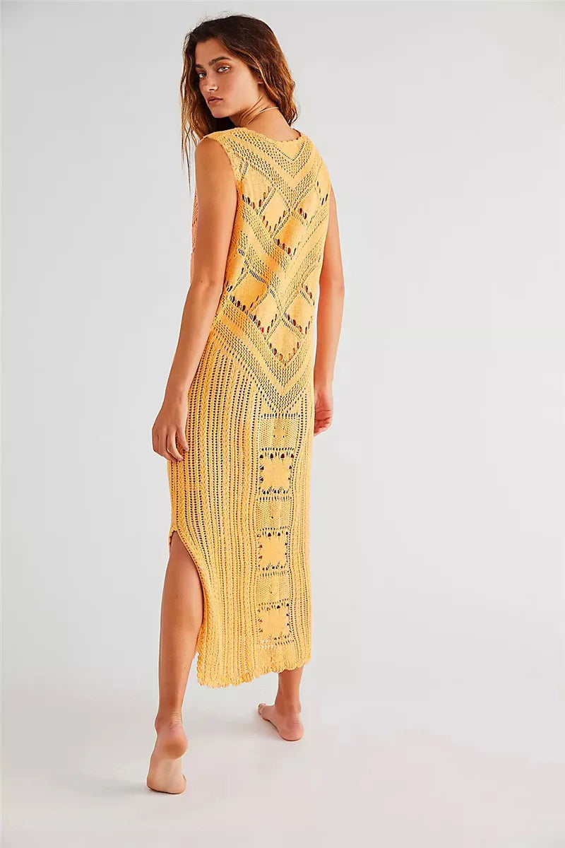 Women’s Mesh Dress – Relaxed Fit – Midi Length – V-Neck – Geometric Knit – Side Slit