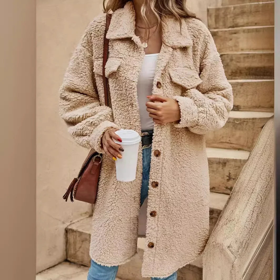 Women’s Teddy Coat - Sherpa Fleece - Oversized Fit - Button Front - Longline Casual Style