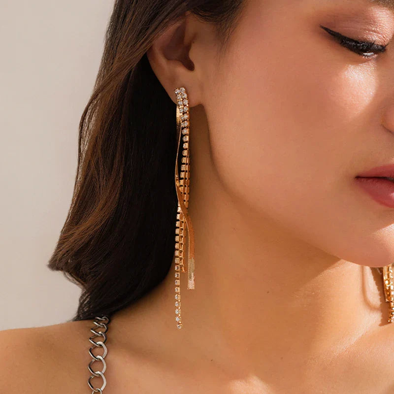 Diamond Studded Tassel Long Earrings