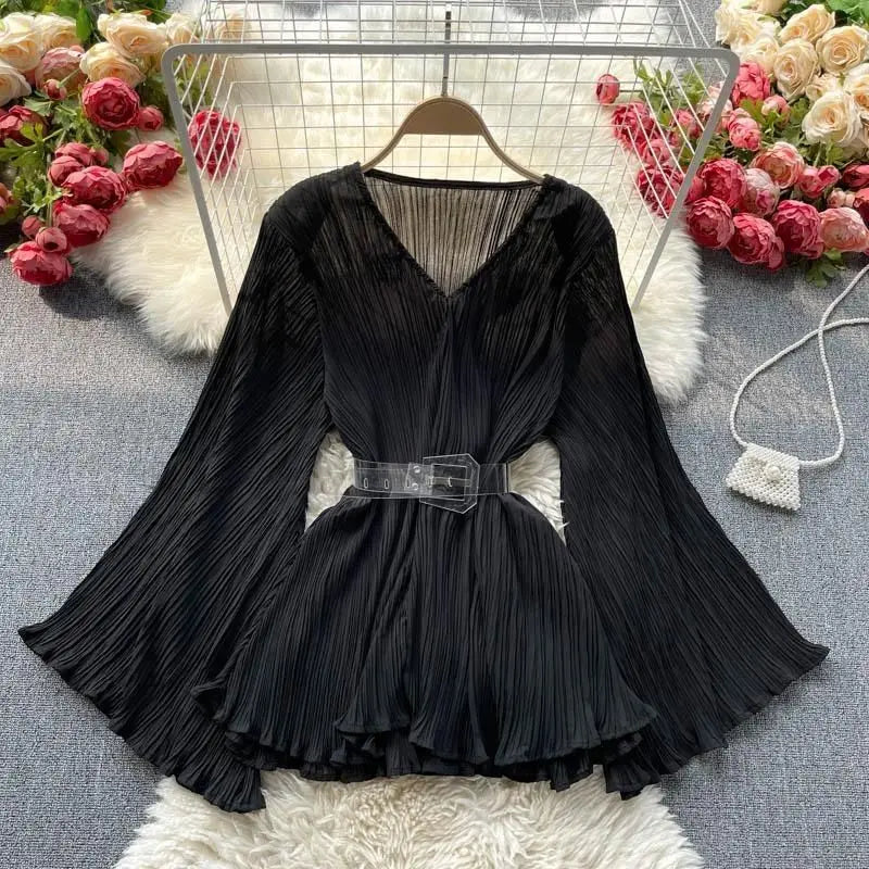 Women's Pleated Blouse - V-Neck - Flared Sleeves - Button Front - Cinched Waist