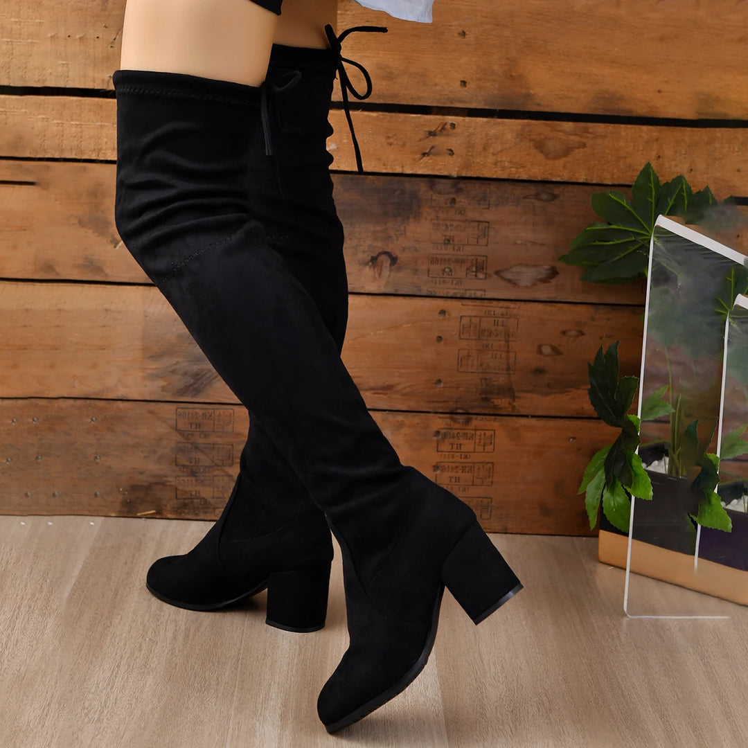 Women’s Over-the-Knee Boots – Suede Look – Block Heel – Pointed Toe – Lace Back Fit