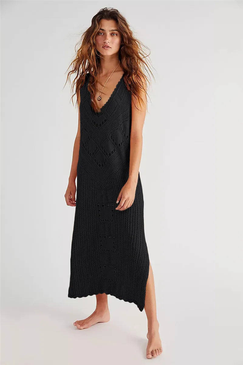 Women’s Mesh Dress – Relaxed Fit – Midi Length – V-Neck – Geometric Knit – Side Slit