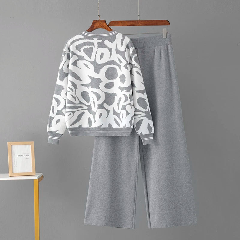 Women's spring/autumn leopard print knitted cardigan wide-leg pants two-piece set