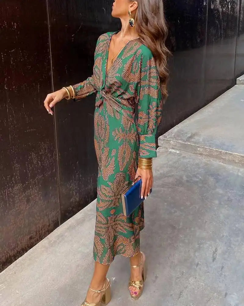 Women's Midi Dress - V-Neck - Long Sleeve - Form-Fitting Elegant Style