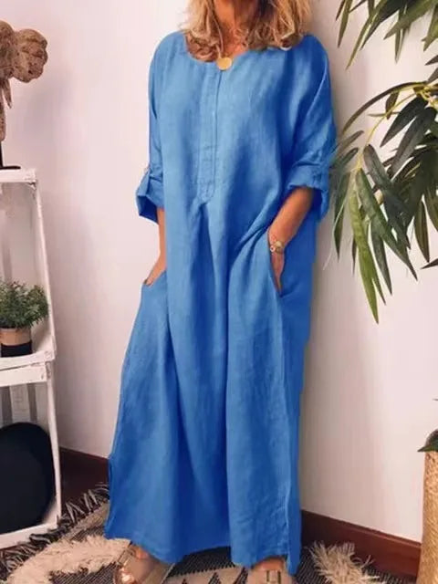 Women's Linen Maxi Dress - Long Sleeve - Loose Fit - Lightweight Breathable Fabric