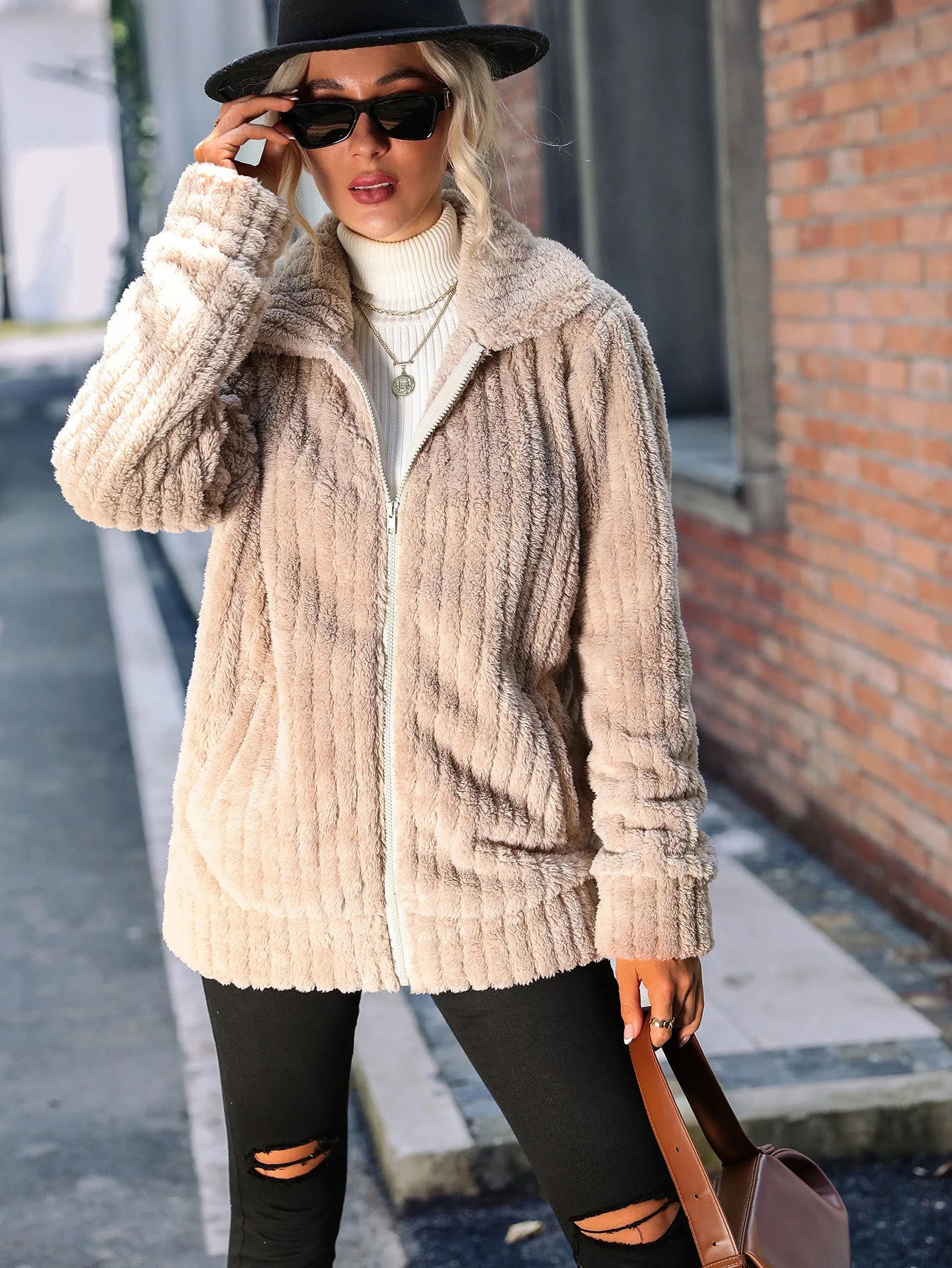 Women's velvet lapel medium-length coat