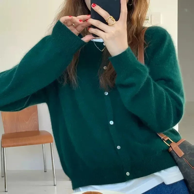 Women’s Cardigan Sweater – Soft Wool Blend – Relaxed Fit – Crew Neck – Button-Up Front