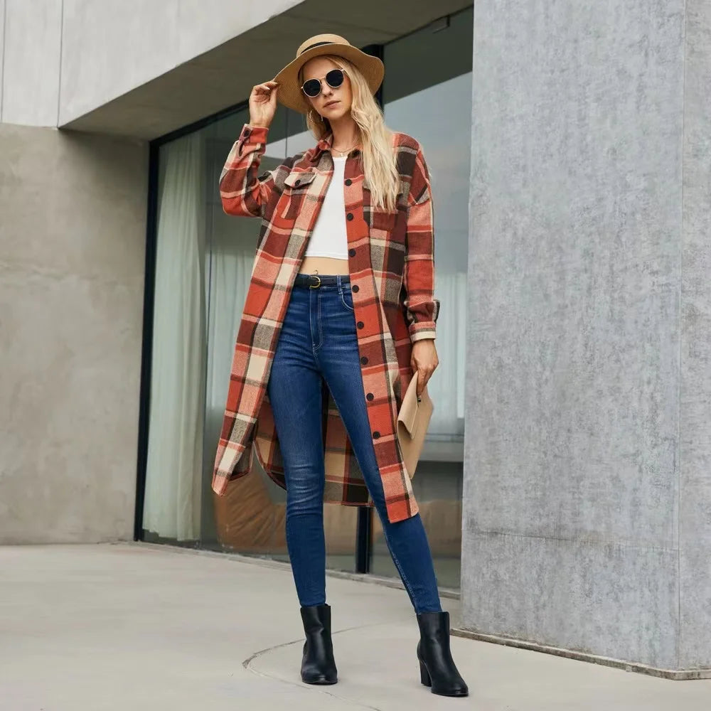 Women plaid trench coat with side slits and pockets
