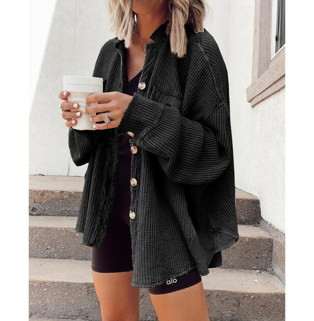 Women’s Shirt Jacket – Oversized Waffle Knit – Button Front – Raw Edge Detail