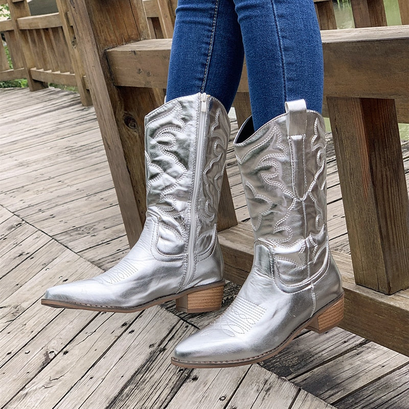 Women's retro western cowboy boots with side zip mid-barrel fluorescent pointed toe