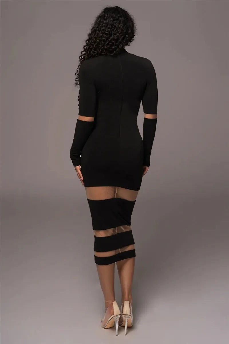 Women’s Midi Dress – Bodycon Fit – High Neck – Long Sleeve – Cut-Out Detailing