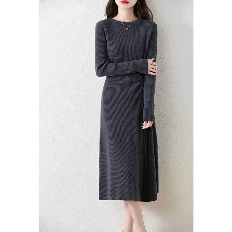 Waist Slimming Pleated Long Sleeve Dress