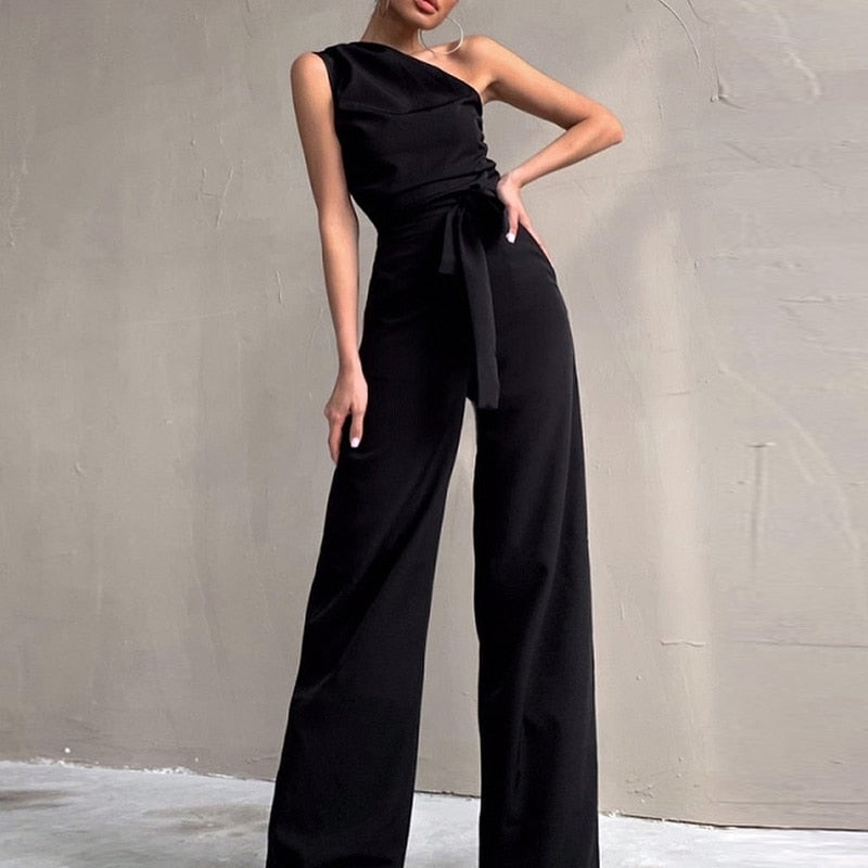 Women's One-Shoulder Jumpsuit – Asymmetrical Neckline – Waist Belt – Wide-Leg Elegant Fit