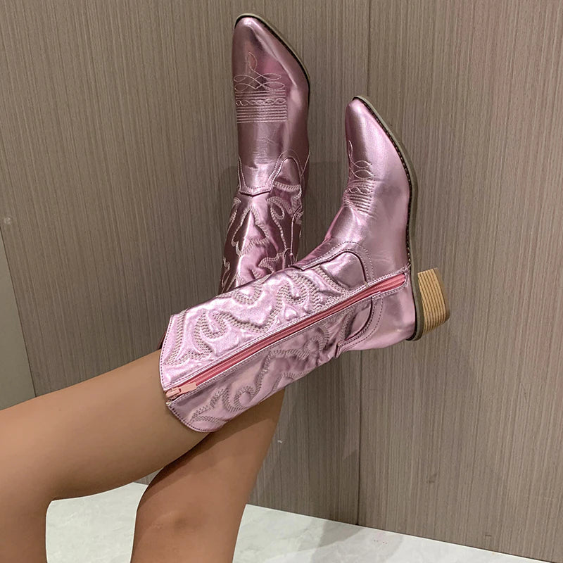 Women's retro western cowboy boots with side zip mid-barrel fluorescent pointed toe
