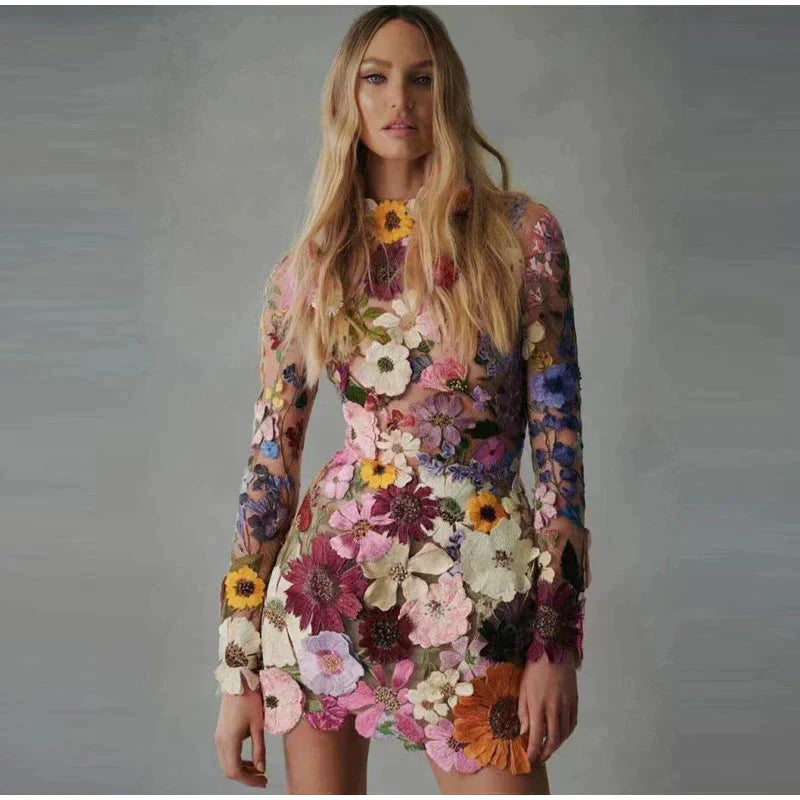 Women's Mini Dress - Sheer Overlay - Floral Embroidered - Long Sleeve - High Neck