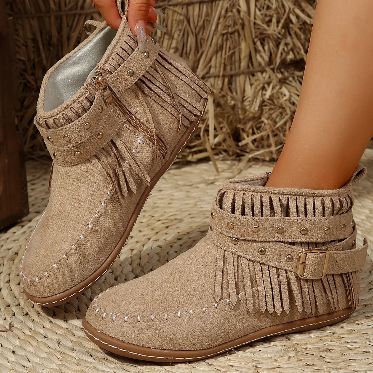 Women's retro faux suede buckle cowboy ankle boots