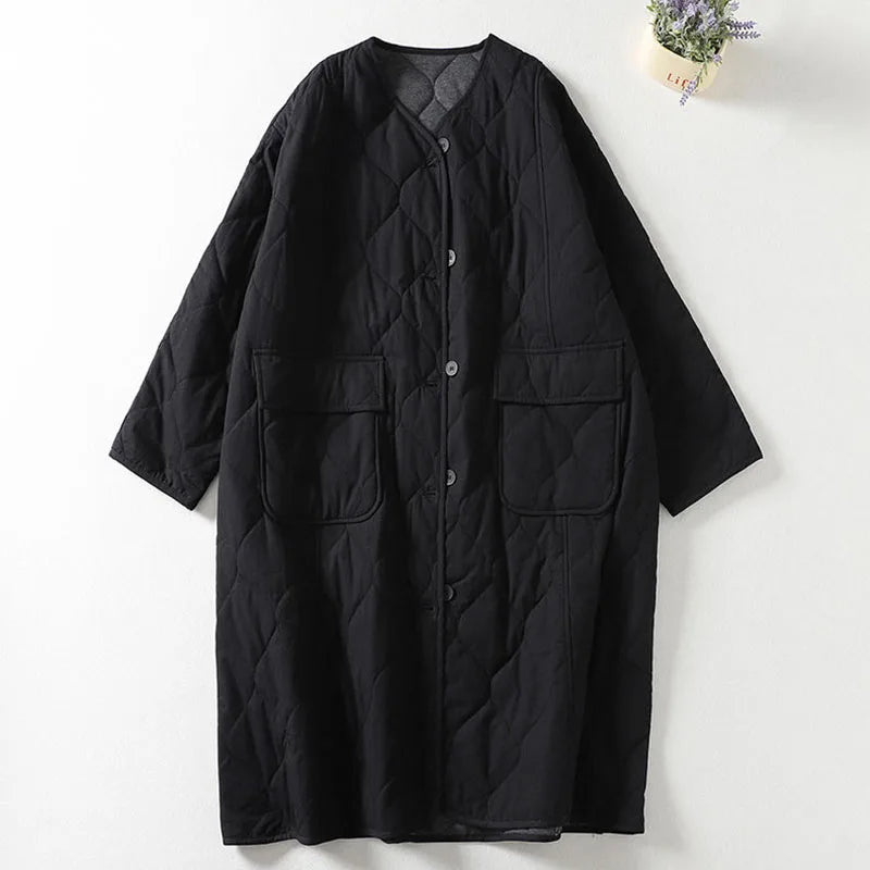 Women’s Coat - Cotton Blend - Oversized Fit - Mid-Calf Length - Collarless V-Neck