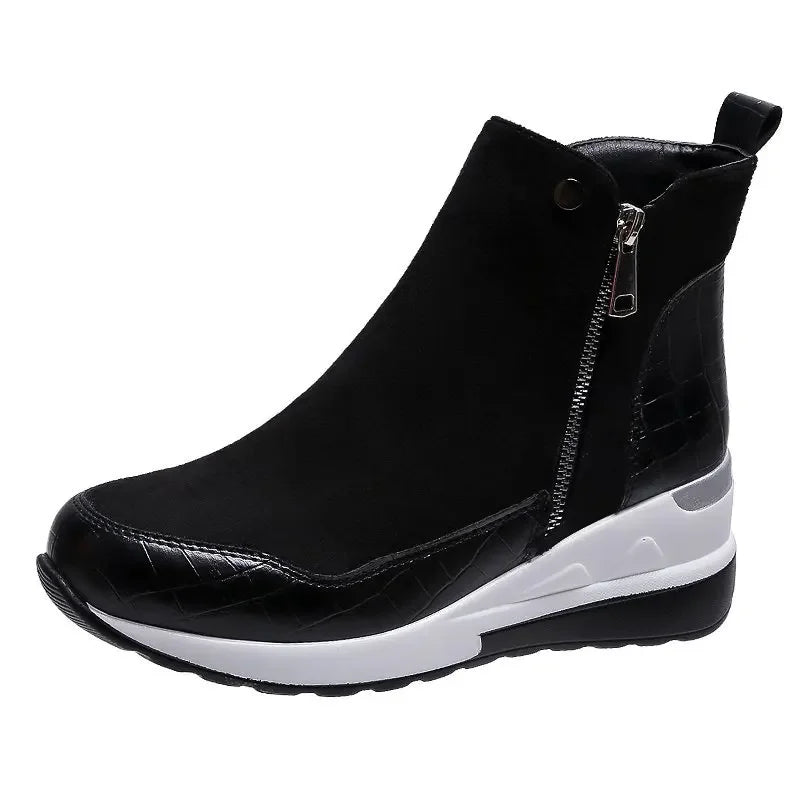Women's Wedge Ankle Boots - Suede & Faux Leather - Side Zipper - Platform Sole