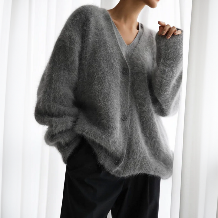 Women's oversized fuzzy v-neck cardigan