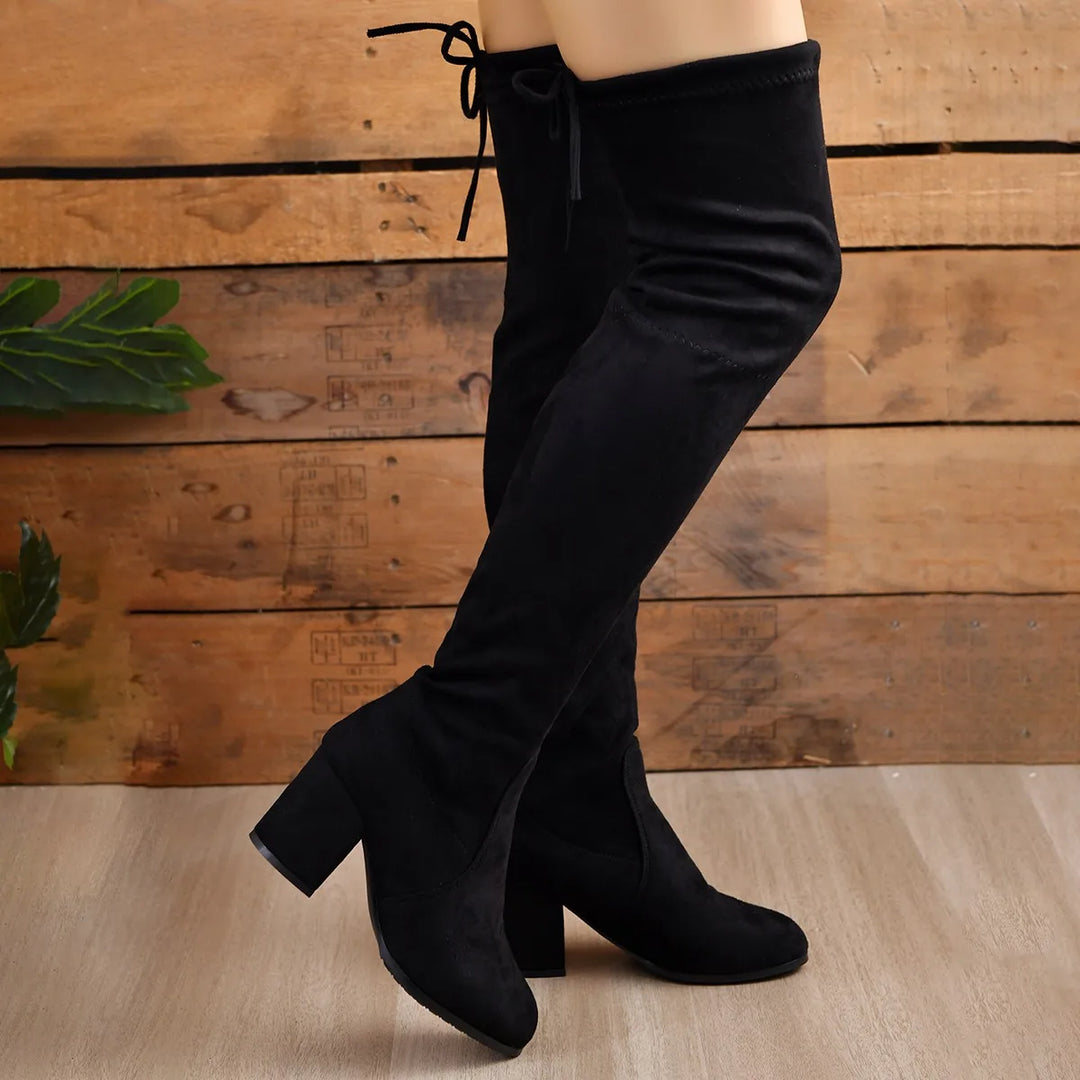 Women’s Over-the-Knee Boots – Suede Look – Block Heel – Pointed Toe – Lace Back Fit