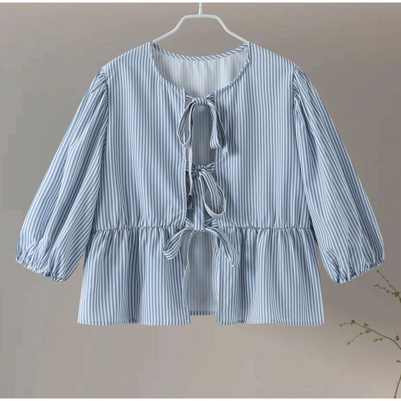 Women's Blouse - Puff Sleeve - Loose Fit - Striped Lightweight Tie-Neck