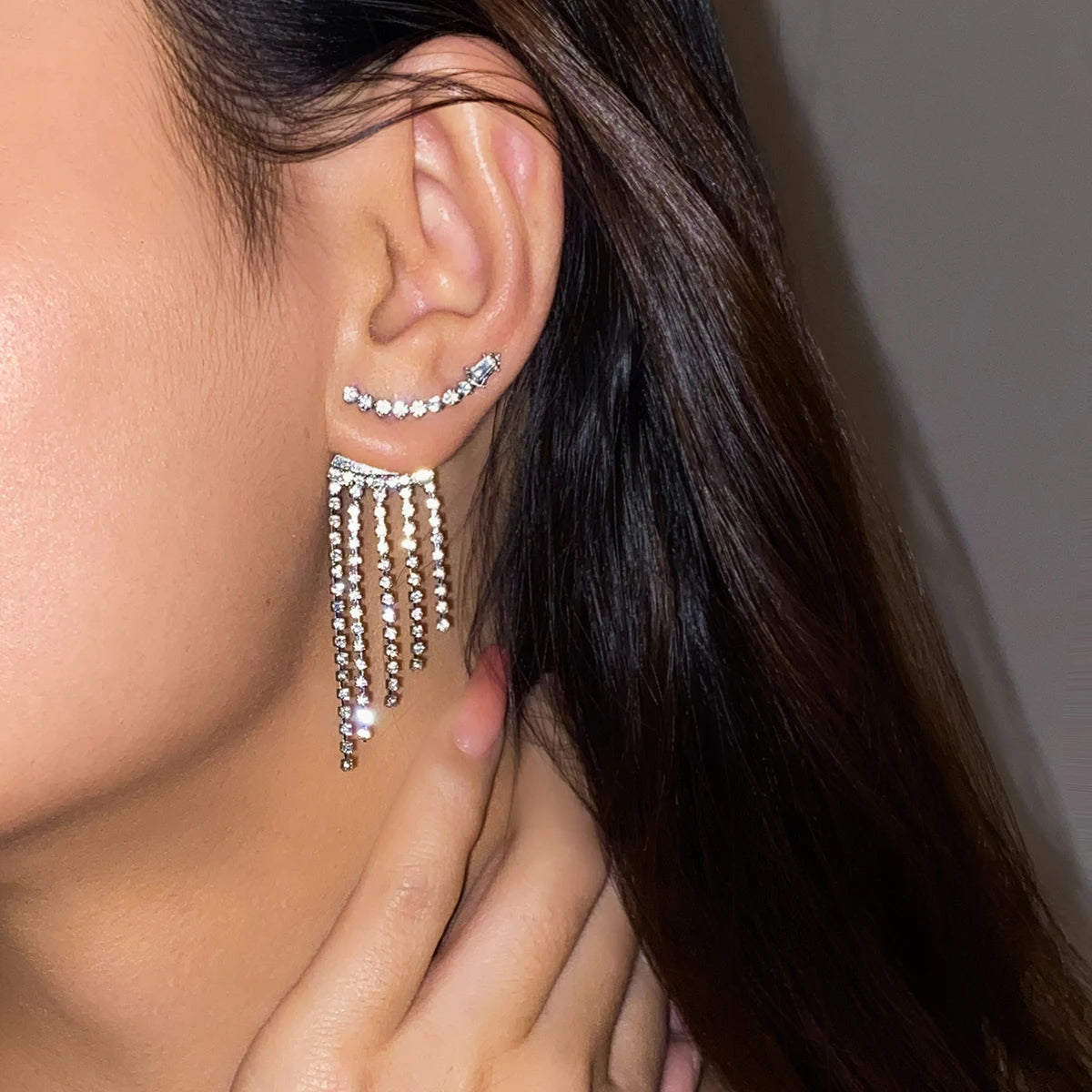 Rhinestone Fringe Chandelier Earrings