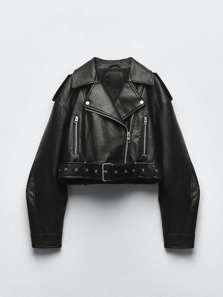 Women's biker style faux leather jacket with belt and zip