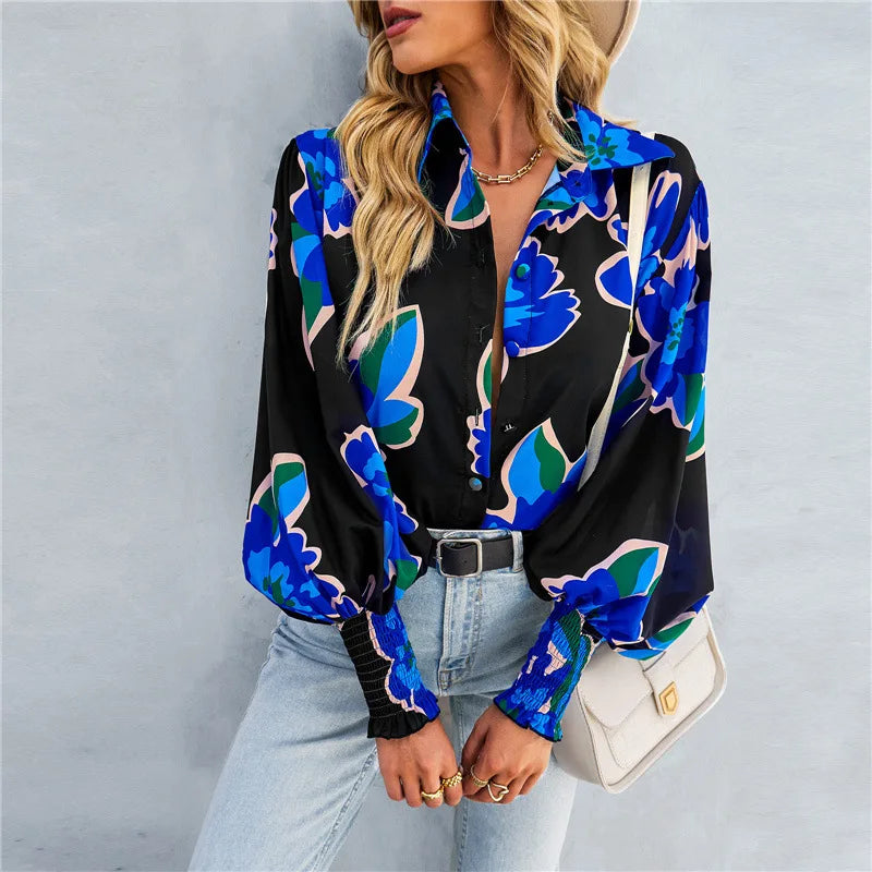 Women's Blouse - Floral Print - Relaxed Fit - Long Sleeve Smocked Cuffs - V-Neck Buttons
