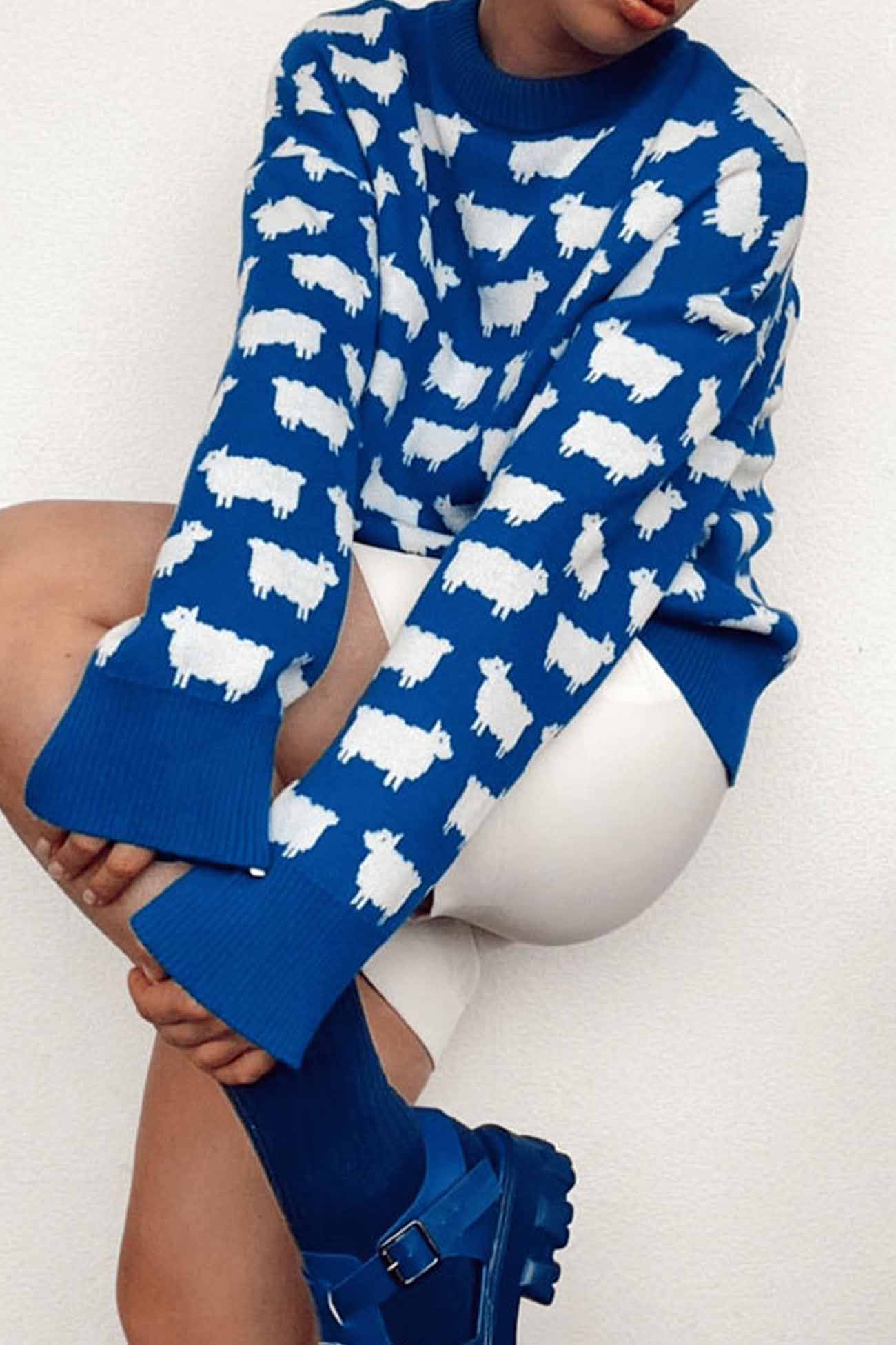 Sheep Print Crew Neck Long Sleeve Sweater