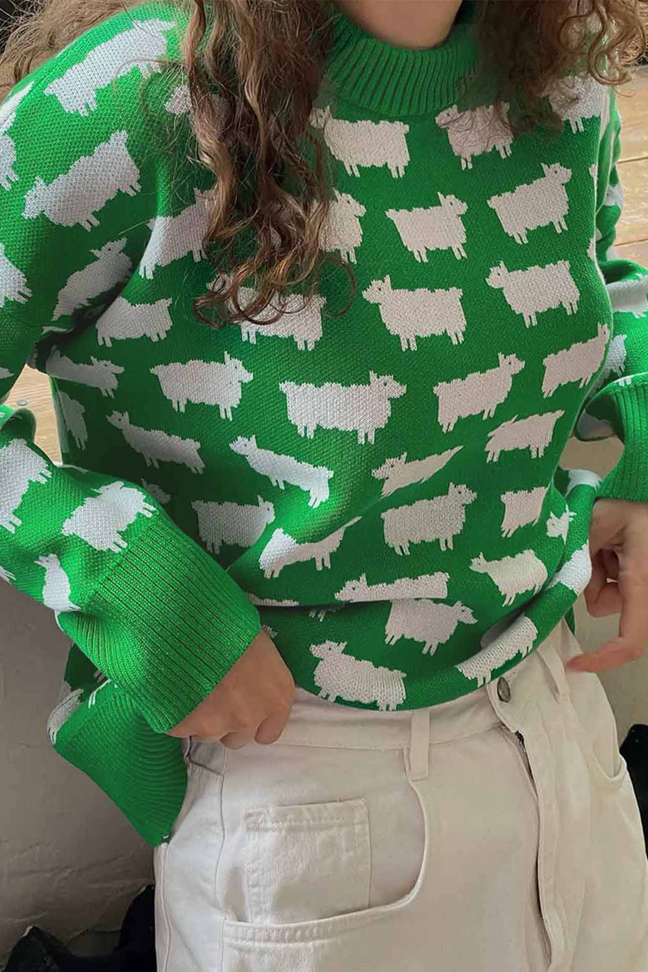 Sheep Print Crew Neck Long Sleeve Sweater