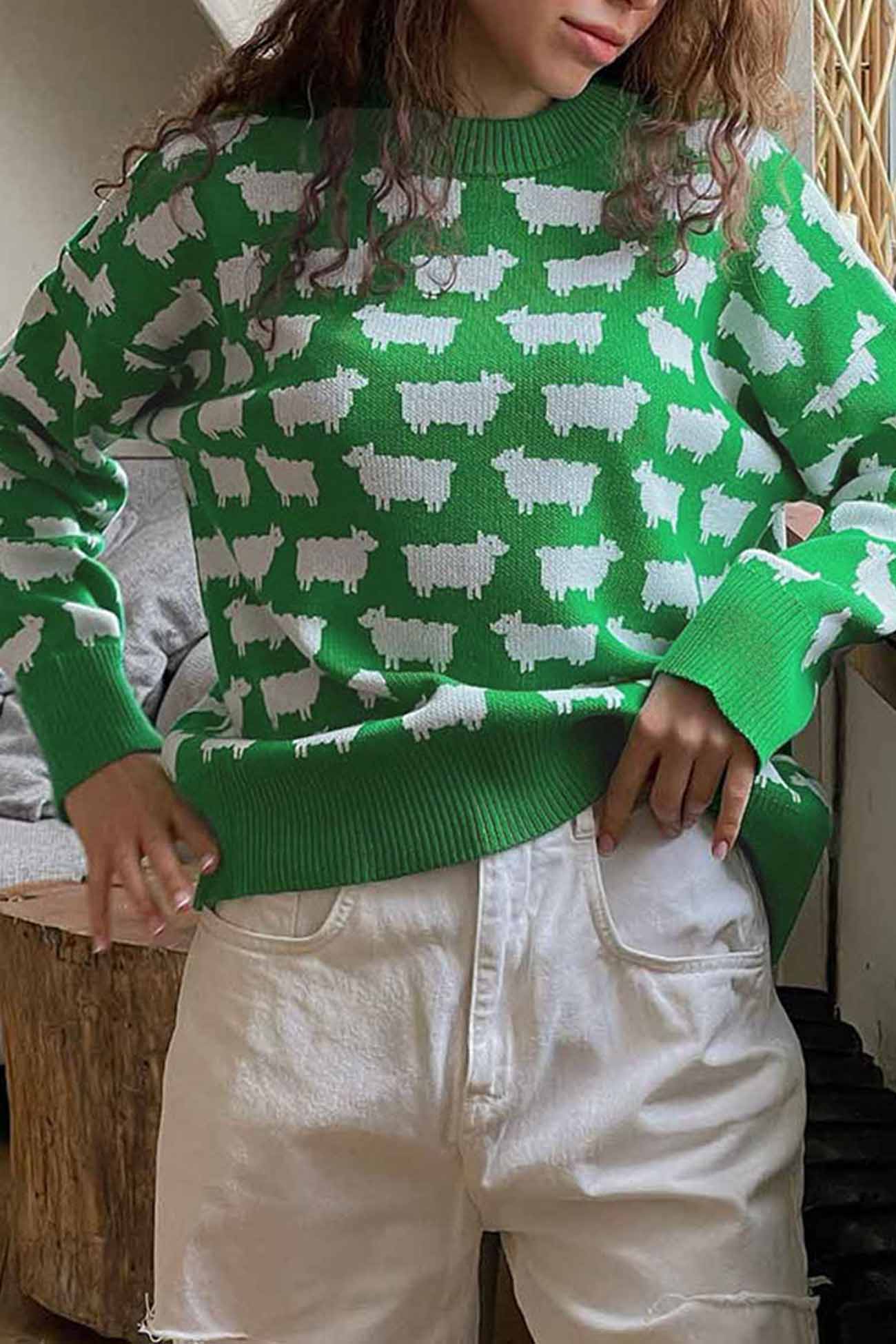 Sheep Print Crew Neck Long Sleeve Sweater