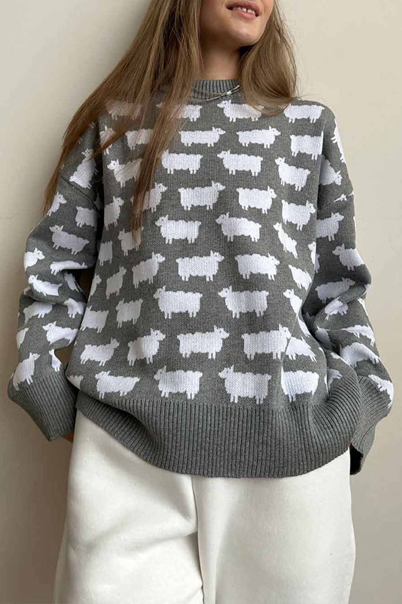 Sheep Print Crew Neck Long Sleeve Sweater