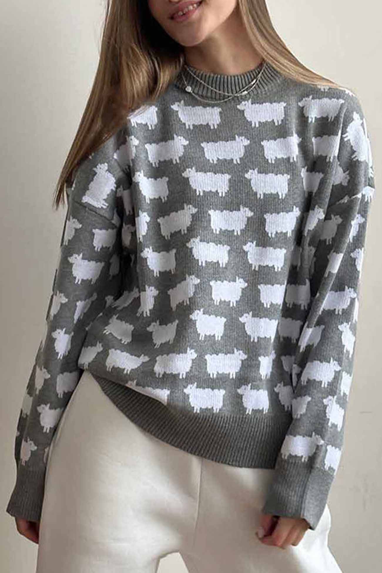 Sheep Print Crew Neck Long Sleeve Sweater