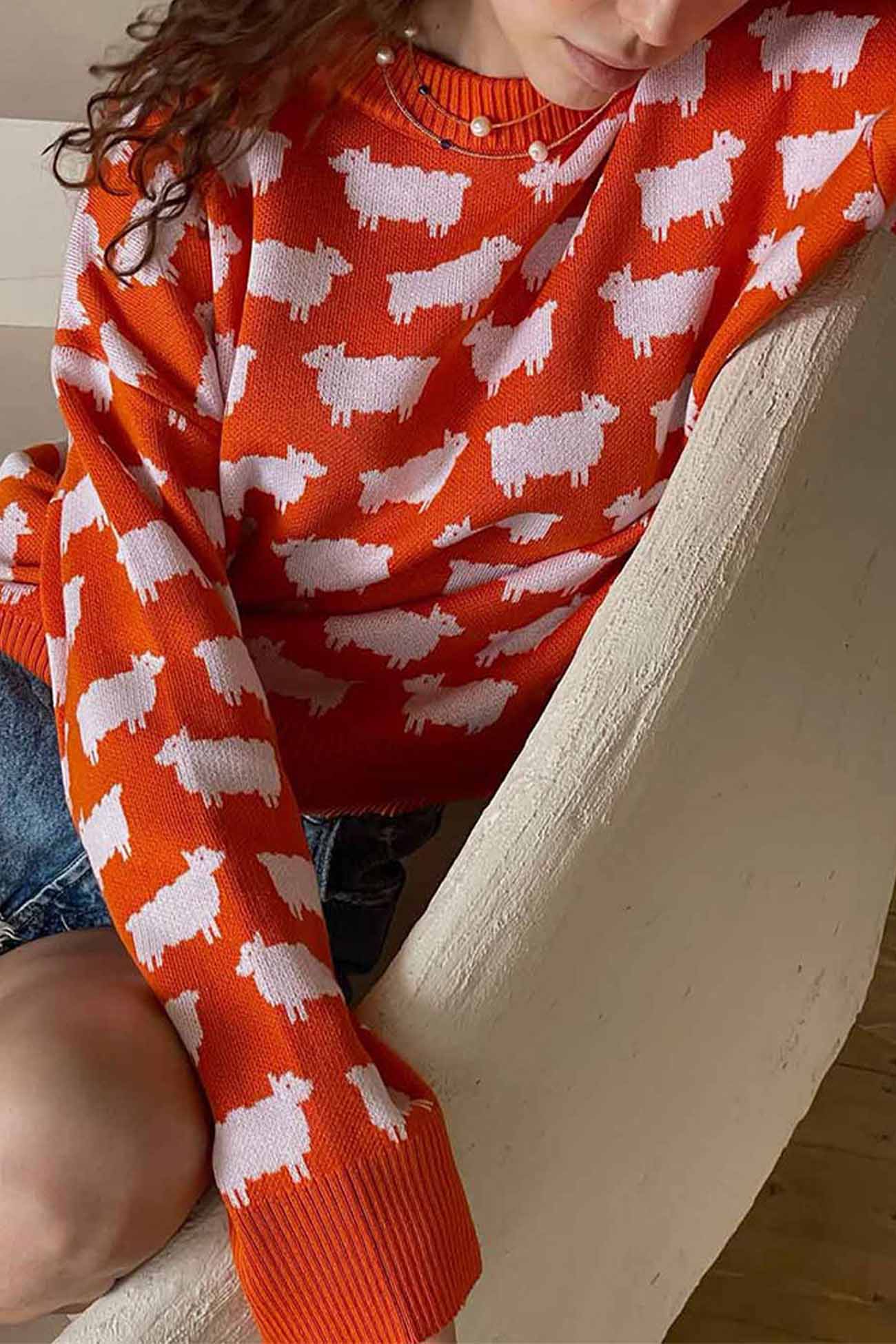 Sheep Print Crew Neck Long Sleeve Sweater