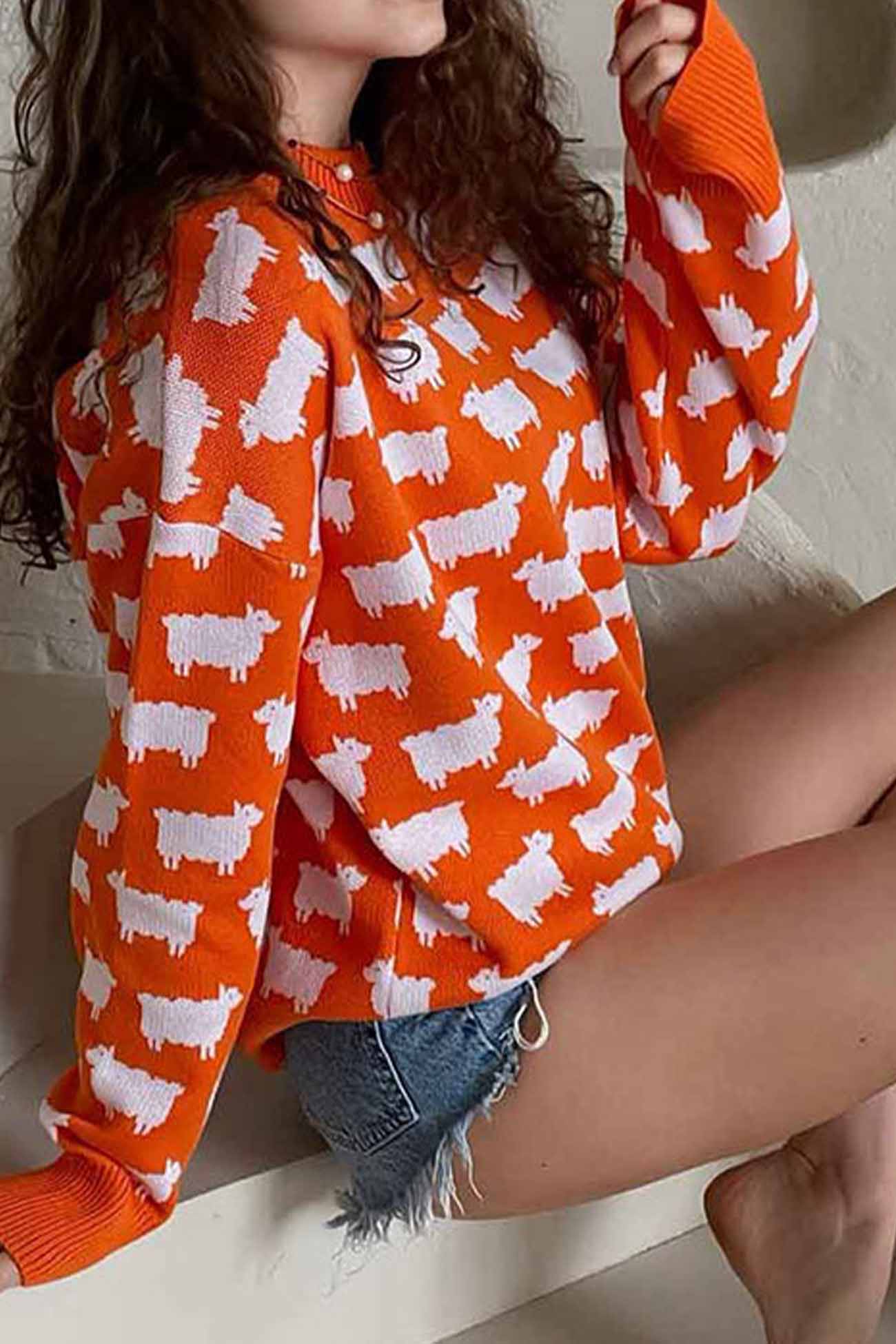 Sheep Print Crew Neck Long Sleeve Sweater