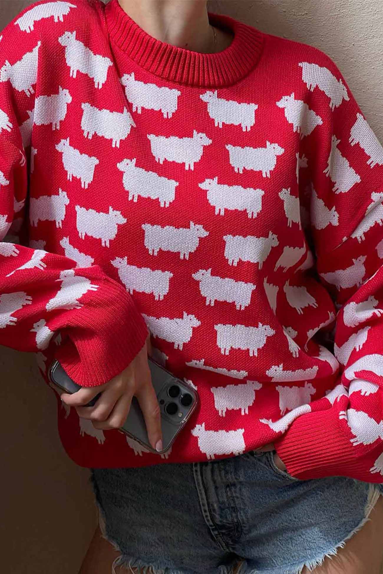 Sheep Print Crew Neck Long Sleeve Sweater