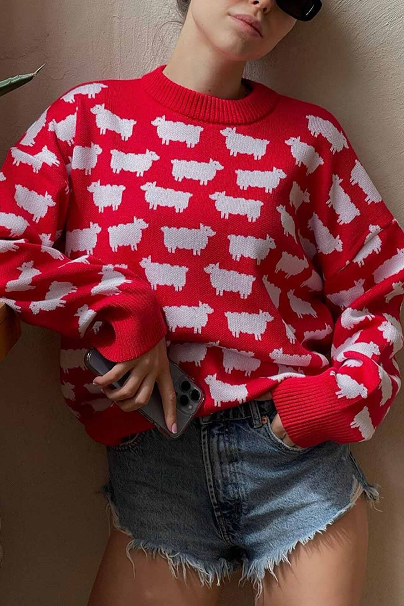 Sheep Print Crew Neck Long Sleeve Sweater