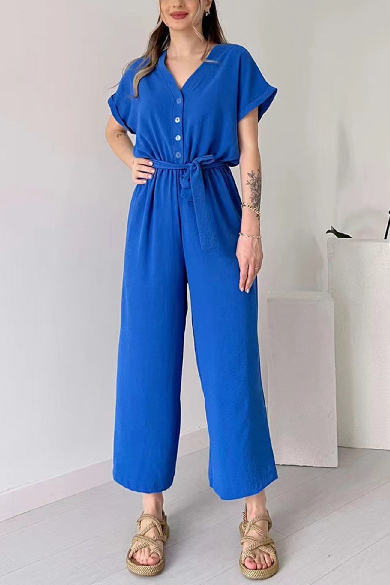 Women's short sleeve single-breasted waisted jumpsuit