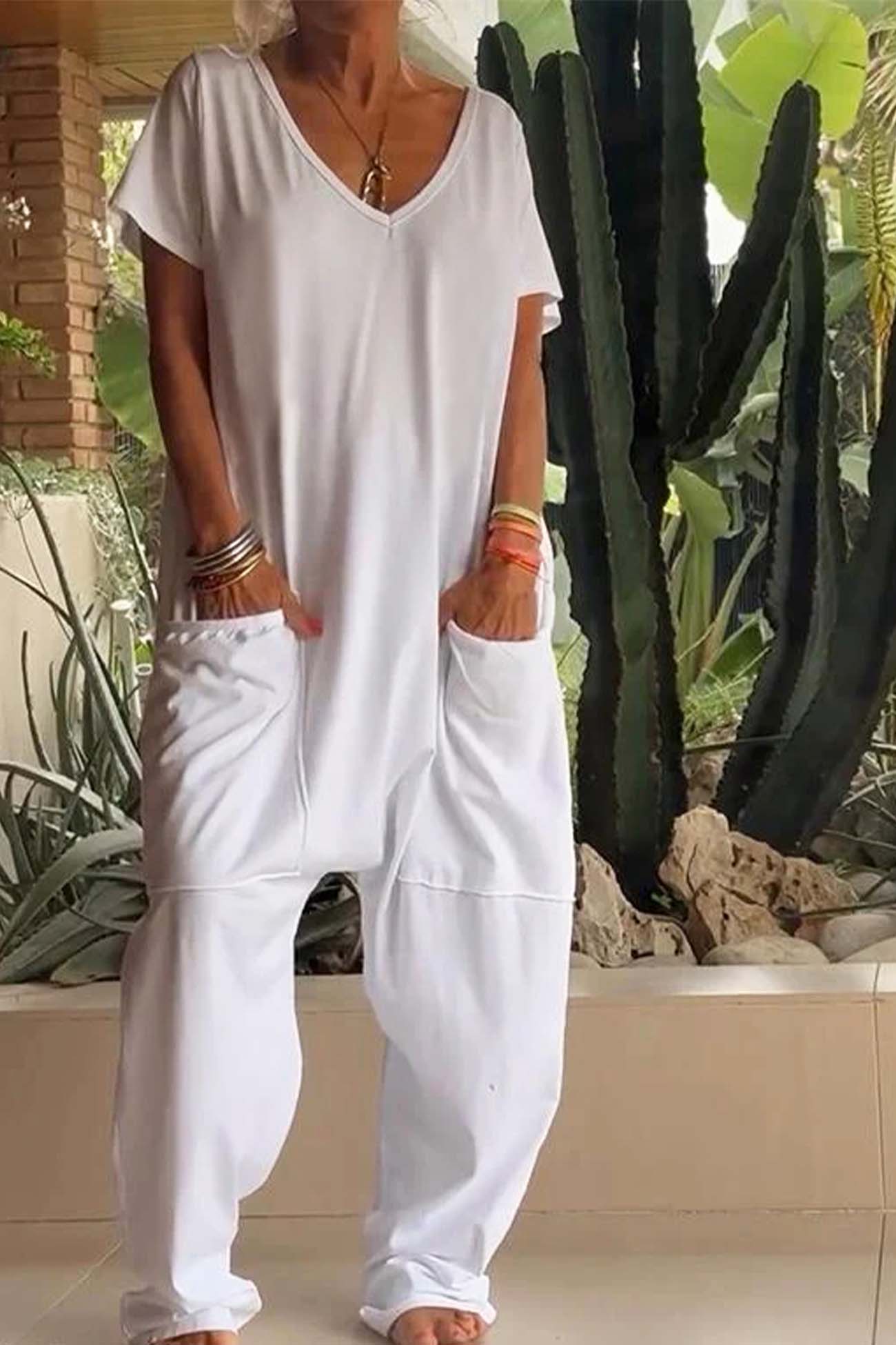 Women's short sleeve v neck pocket jumpsuit